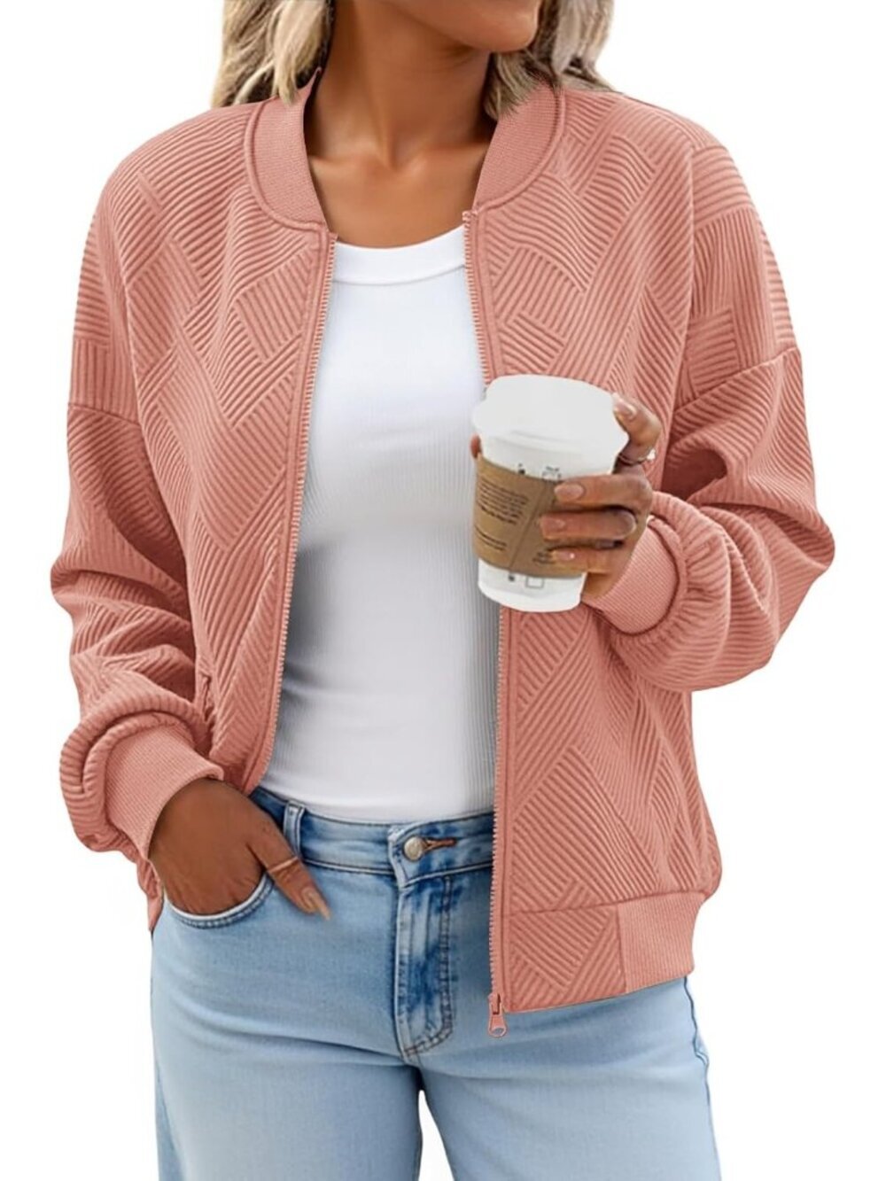 Women's Pink Bomber Jacket Trendy Casual Lightweight Zip Up Jacket with Pockets